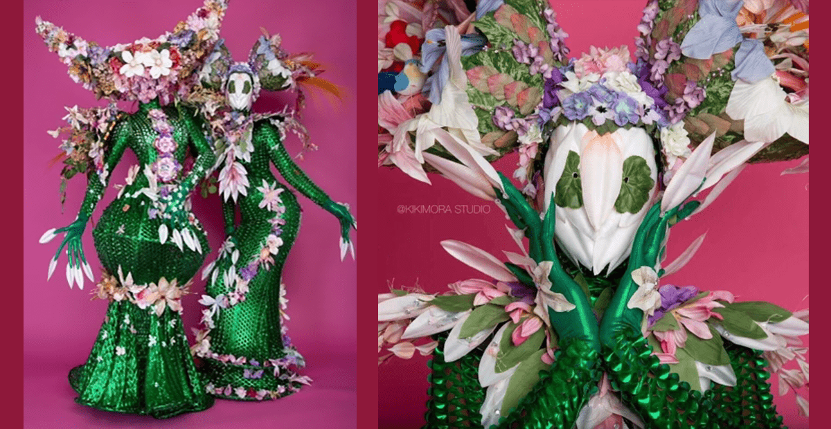 two flowers characters made of plastic flowers